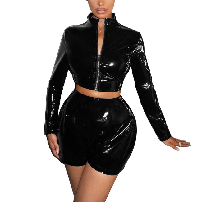 Women Vinyl PVC Leather Shorts Suit Long Sleeve Zipper Short Jacket High Waist Shorts Fashion Set Female Latex-look Club Outfits