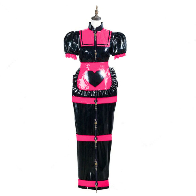 Sissy Bodycon Front Lockable Maid Outfit Puff Short Sleeve Vinyl PVC Leather Long Hobble Dress with Apron Halloween Cosplay Sets