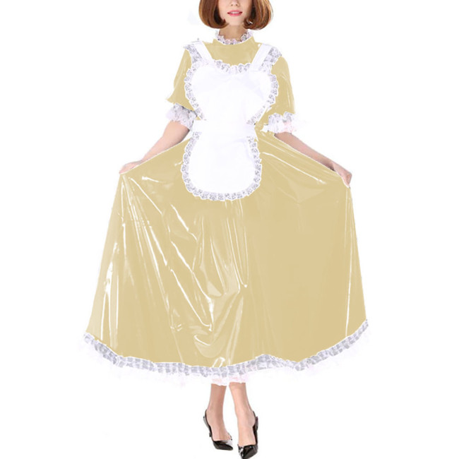 Sissy French Maid Cosplay Dress Outfits Halloween Theme Party Roleplay Maid Uniforms Glossy PVC Leather Dresses with Lace Apron