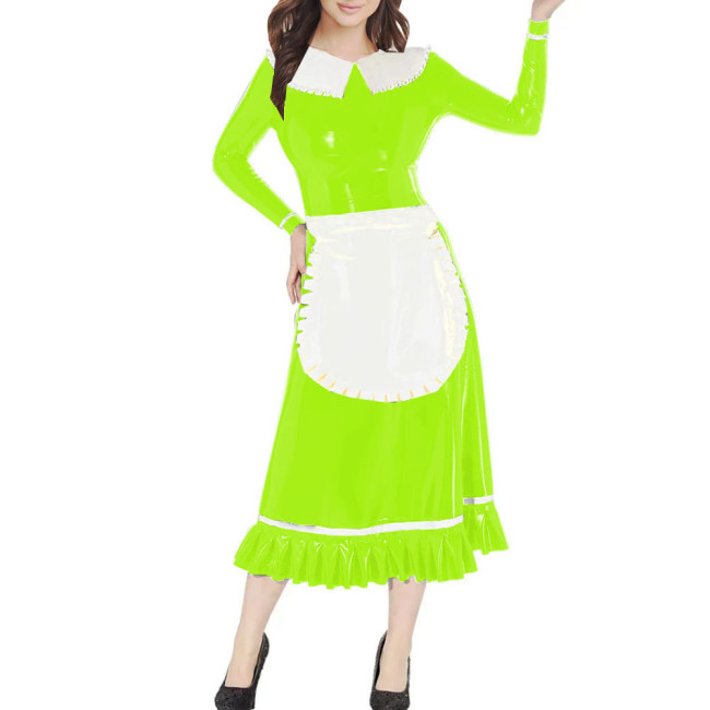 Crossdresser Vinyl PVC A-Line Servants Maid Dress Peter Pan Collar Long Sleeves Maid Cosplay Uniform Anime Cosplay Party Costume