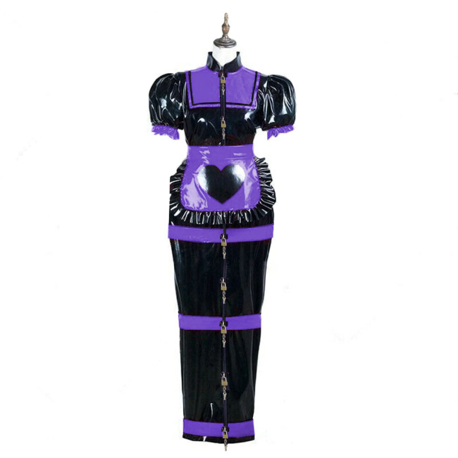 Sissy Bodycon Front Lockable Maid Outfit Puff Short Sleeve Vinyl PVC Leather Long Hobble Dress with Apron Halloween Cosplay Sets