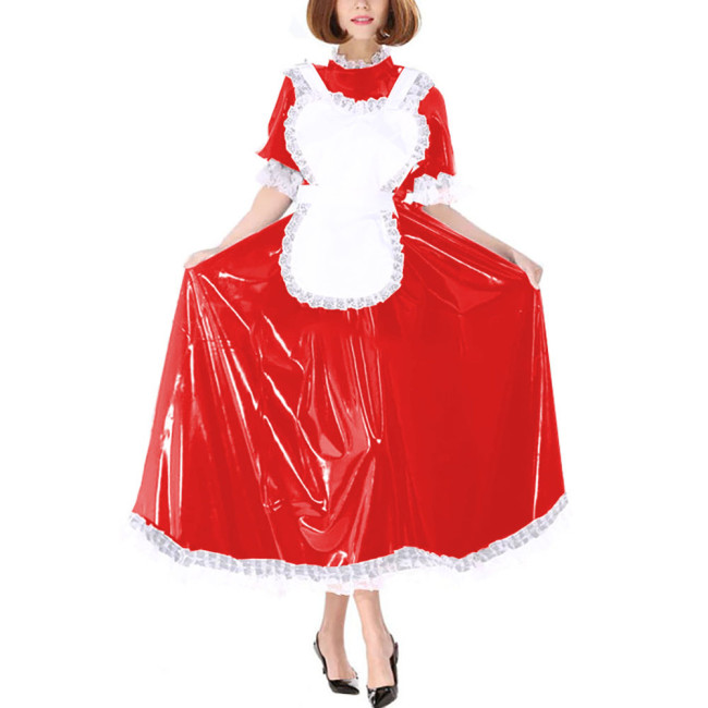 Sissy French Maid Cosplay Dress Outfits Halloween Theme Party Roleplay Maid Uniforms Glossy PVC Leather Dresses with Lace Apron