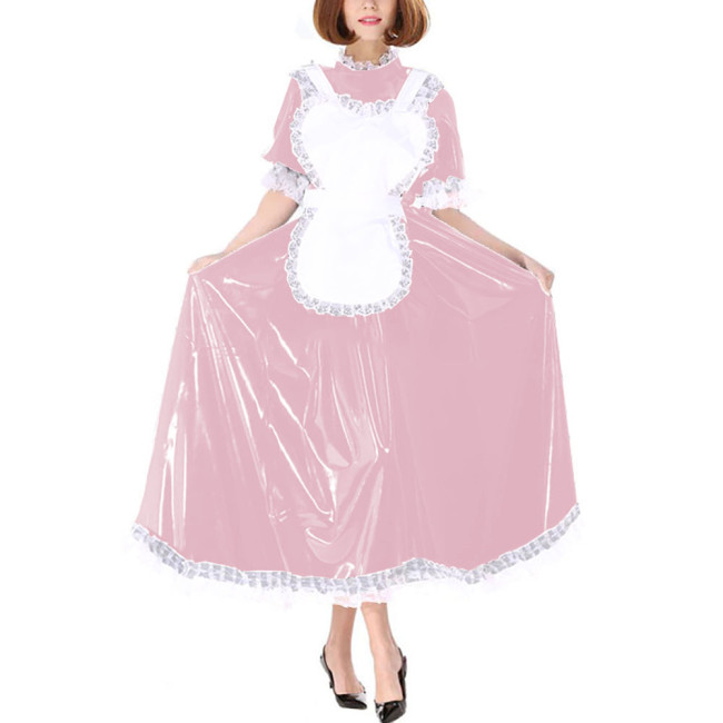 Sissy French Maid Cosplay Dress Outfits Halloween Theme Party Roleplay Maid Uniforms Glossy PVC Leather Dresses with Lace Apron