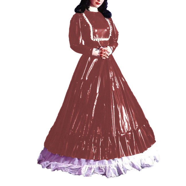 Turtleneck Eleagnt Long Dress Sissy Long Sleeves PVC Shiny Leather Pleated A-line Dress Halloween Cosplay Party Fancy Dress Up