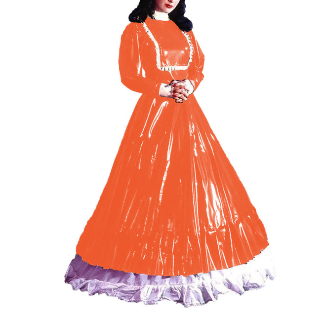 Turtleneck Eleagnt Long Dress Sissy Long Sleeves PVC Shiny Leather Pleated A-line Dress Halloween Cosplay Party Fancy Dress Up