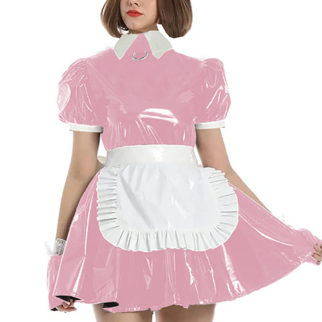 Sissy Turn-down Collar PVC Glossy Leather Maid Dress Outfits Adult A-Line Servants Role Play Maid Uniform with Ruffles Apron 7XL