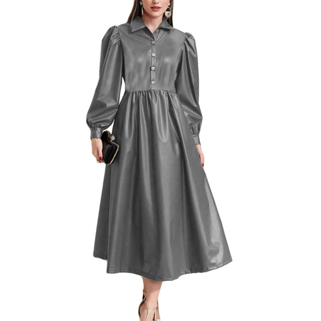 Lantern Long Sleeve Women A-Line Long Dress High Waist Open Buttons Turn-down Collar Dresses Ladies PU Leather Party Vestidos