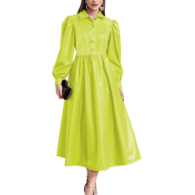 Lantern Long Sleeve Women A-Line Long Dress High Waist Open Buttons Turn-down Collar Dresses Ladies PU Leather Party Vestidos