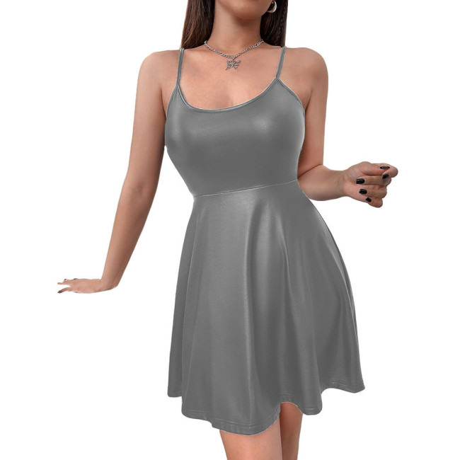 Women's Matte PU Leather Spaghetti Straps Dress Sexy Sleeveless Cami A-line Pleated Dress Festival Rave Dance Costume Clubwear
