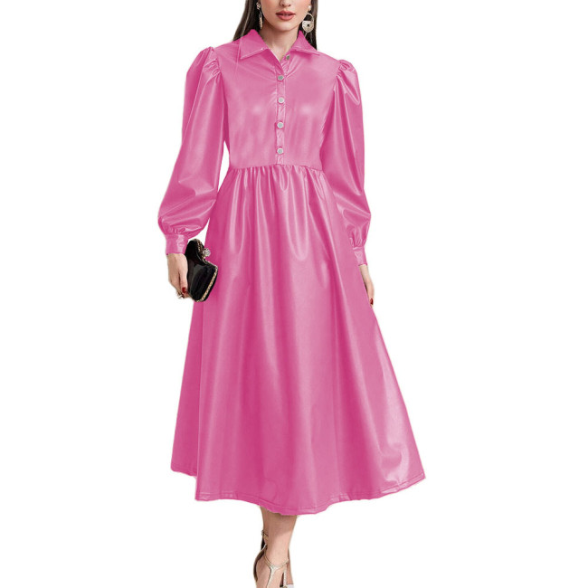 Lantern Long Sleeve Women A-Line Long Dress High Waist Open Buttons Turn-down Collar Dresses Ladies PU Leather Party Vestidos