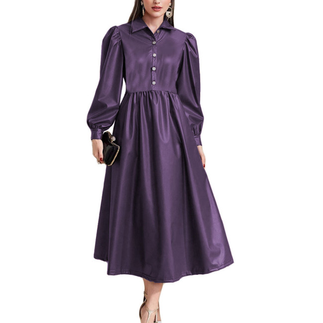 Lantern Long Sleeve Women A-Line Long Dress High Waist Open Buttons Turn-down Collar Dresses Ladies PU Leather Party Vestidos