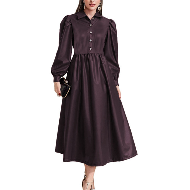 Lantern Long Sleeve Women A-Line Long Dress High Waist Open Buttons Turn-down Collar Dresses Ladies PU Leather Party Vestidos