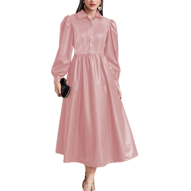 Lantern Long Sleeve Women A-Line Long Dress High Waist Open Buttons Turn-down Collar Dresses Ladies PU Leather Party Vestidos