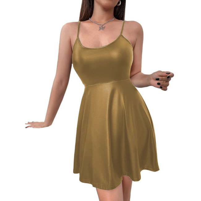 Women's Matte PU Leather Spaghetti Straps Dress Sexy Sleeveless Cami A-line Pleated Dress Festival Rave Dance Costume Clubwear