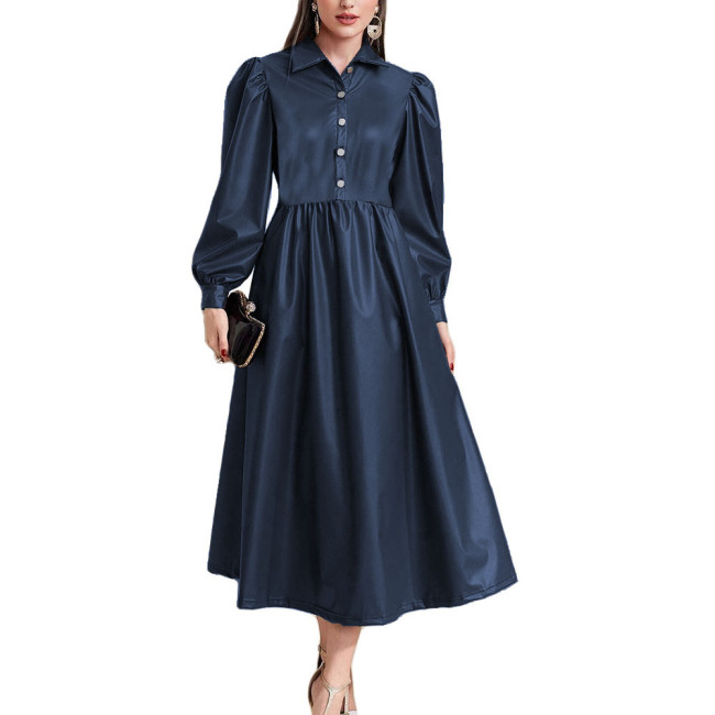 Lantern Long Sleeve Women A-Line Long Dress High Waist Open Buttons Turn-down Collar Dresses Ladies PU Leather Party Vestidos