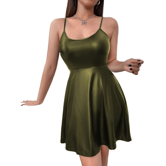 Women's Matte PU Leather Spaghetti Straps Dress Sexy Sleeveless Cami A-line Pleated Dress Festival Rave Dance Costume Clubwear
