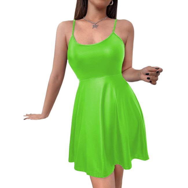 Women's Matte PU Leather Spaghetti Straps Dress Sexy Sleeveless Cami A-line Pleated Dress Festival Rave Dance Costume Clubwear