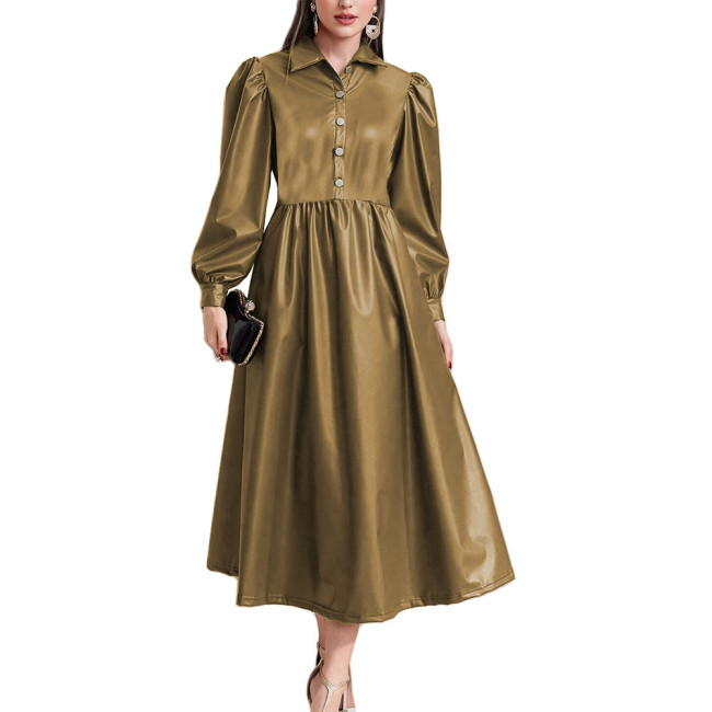 Lantern Long Sleeve Women A-Line Long Dress High Waist Open Buttons Turn-down Collar Dresses Ladies PU Leather Party Vestidos