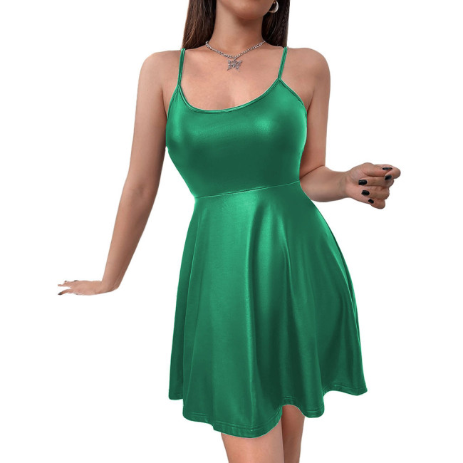 Women's Matte PU Leather Spaghetti Straps Dress Sexy Sleeveless Cami A-line Pleated Dress Festival Rave Dance Costume Clubwear