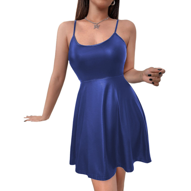 Women's Matte PU Leather Spaghetti Straps Dress Sexy Sleeveless Cami A-line Pleated Dress Festival Rave Dance Costume Clubwear