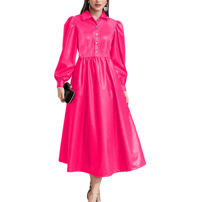 Lantern Long Sleeve Women A-Line Long Dress High Waist Open Buttons Turn-down Collar Dresses Ladies PU Leather Party Vestidos