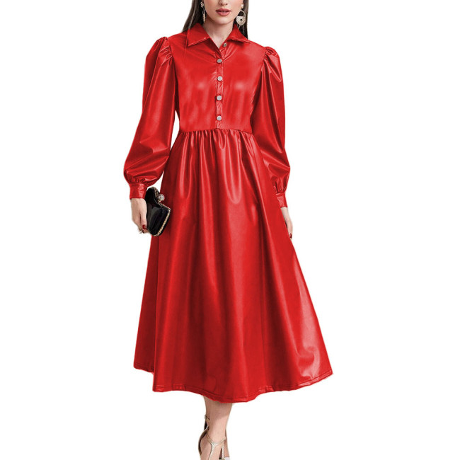 Lantern Long Sleeve Women A-Line Long Dress High Waist Open Buttons Turn-down Collar Dresses Ladies PU Leather Party Vestidos