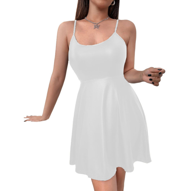 Women's Matte PU Leather Spaghetti Straps Dress Sexy Sleeveless Cami A-line Pleated Dress Festival Rave Dance Costume Clubwear