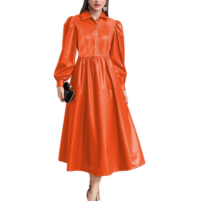Lantern Long Sleeve Women A-Line Long Dress High Waist Open Buttons Turn-down Collar Dresses Ladies PU Leather Party Vestidos