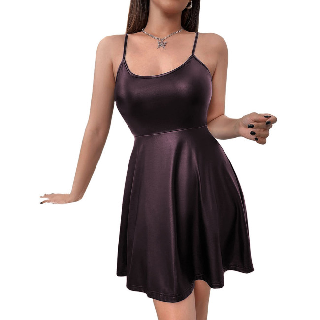 Women's Matte PU Leather Spaghetti Straps Dress Sexy Sleeveless Cami A-line Pleated Dress Festival Rave Dance Costume Clubwear