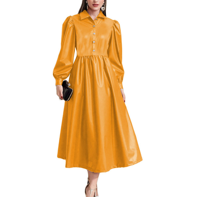 Lantern Long Sleeve Women A-Line Long Dress High Waist Open Buttons Turn-down Collar Dresses Ladies PU Leather Party Vestidos