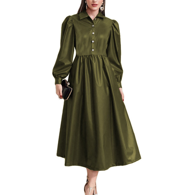 Lantern Long Sleeve Women A-Line Long Dress High Waist Open Buttons Turn-down Collar Dresses Ladies PU Leather Party Vestidos