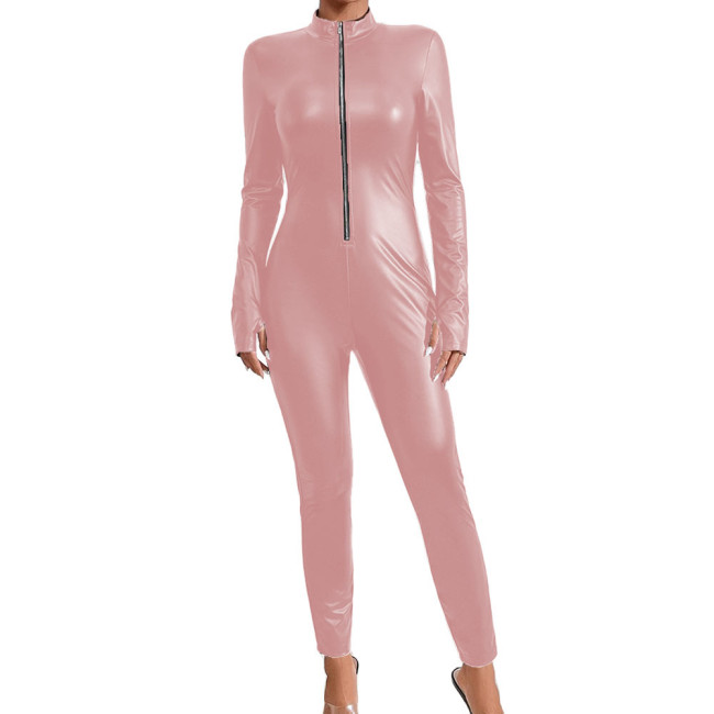 Matte Faux Leather Jumpsuit Zipper Up Long Sleeve Slim Women Catsuit Streetwear Party Romper One Piece Sexy Club Pant Bodysuit