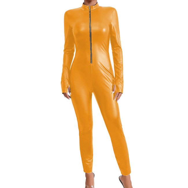 Matte Faux Leather Jumpsuit Zipper Up Long Sleeve Slim Women Catsuit Streetwear Party Romper One Piece Sexy Club Pant Bodysuit