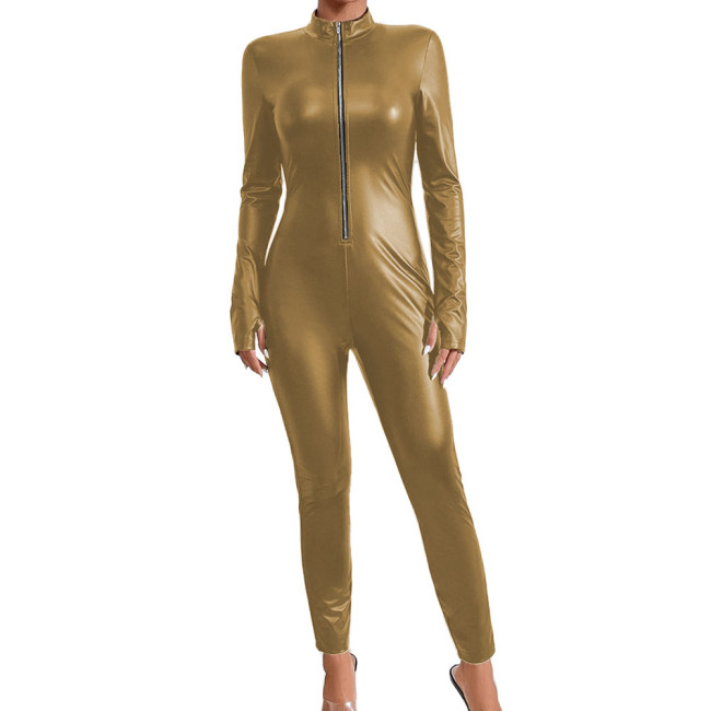 Matte Faux Leather Jumpsuit Zipper Up Long Sleeve Slim Women Catsuit Streetwear Party Romper One Piece Sexy Club Pant Bodysuit