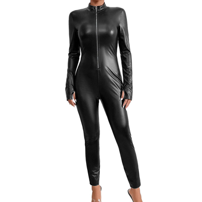 Matte Faux Leather Jumpsuit Zipper Up Long Sleeve Slim Women Catsuit Streetwear Party Romper One Piece Sexy Club Pant Bodysuit