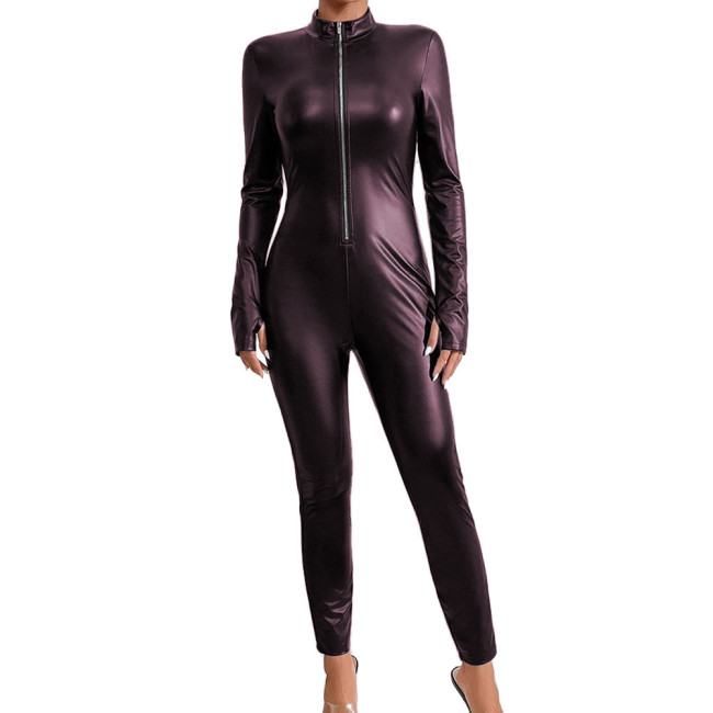 Matte Faux Leather Jumpsuit Zipper Up Long Sleeve Slim Women Catsuit Streetwear Party Romper One Piece Sexy Club Pant Bodysuit