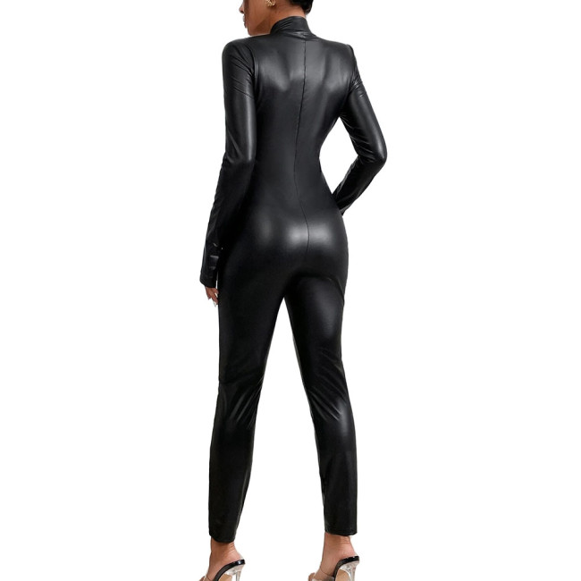 Matte Faux Leather Jumpsuit Zipper Up Long Sleeve Slim Women Catsuit Streetwear Party Romper One Piece Sexy Club Pant Bodysuit