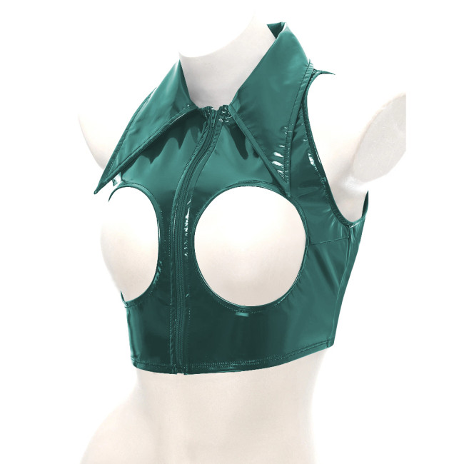 Exotic Sexy Open Chest Wetlook Tops Zip Front Turn-down Collar Croped Jacket PVC Patent Leather Sleeveless Cut Out Top Lingerie