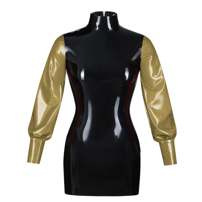 Fashionable Bubble Long Sleeve Mini Dress Back zipper color blocked tight dress Artificial leather fashion style bodycon dress