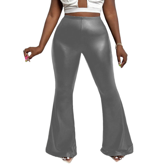 Ladies PU Slim Flared Pants Solid Color Stretch Bell Bottom for Womens High Street Wide Leg Trousers Casual Fashion Stylish Pant
