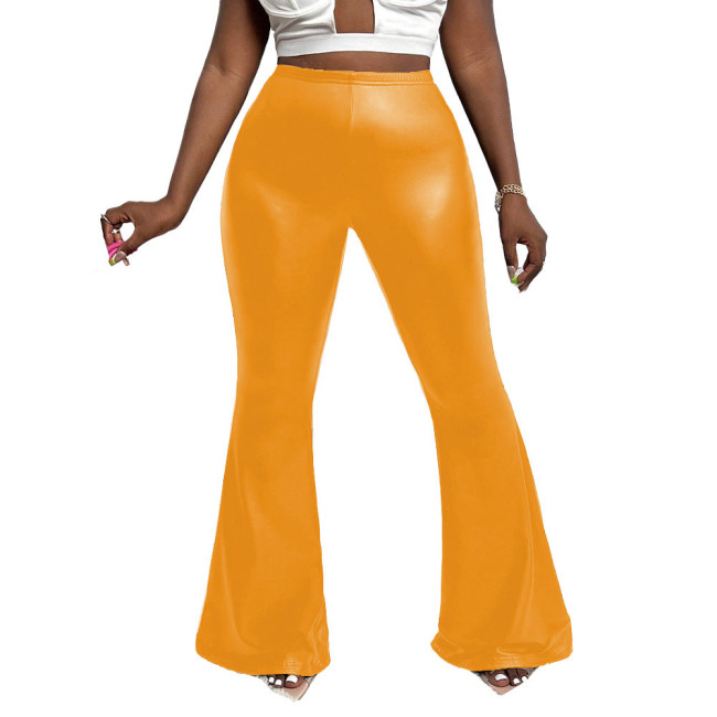 Ladies PU Slim Flared Pants Solid Color Stretch Bell Bottom for Womens High Street Wide Leg Trousers Casual Fashion Stylish Pant