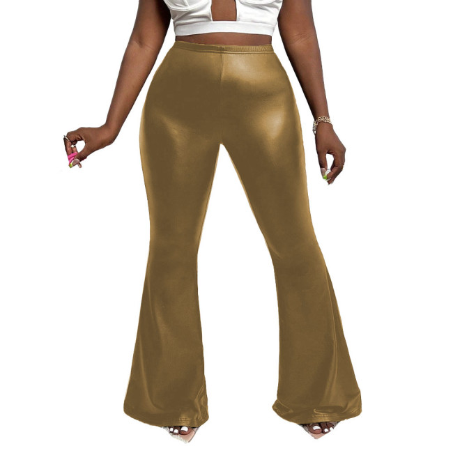 Ladies PU Slim Flared Pants Solid Color Stretch Bell Bottom for Womens High Street Wide Leg Trousers Casual Fashion Stylish Pant