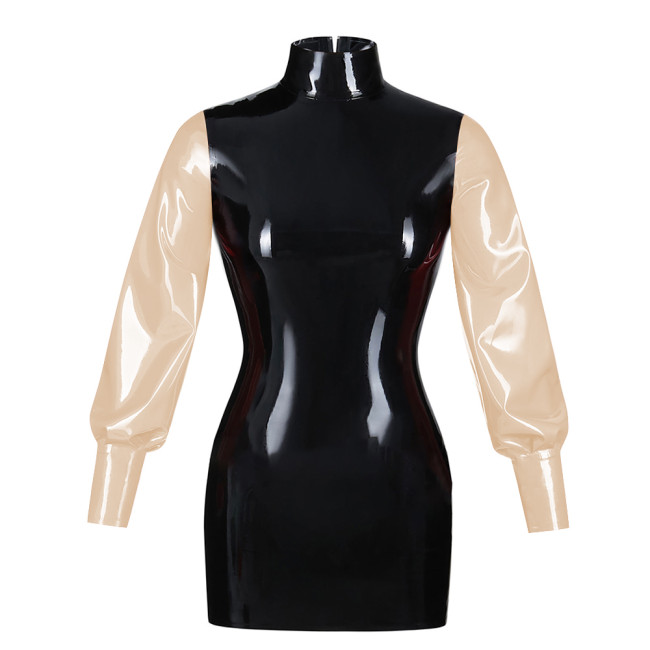 Fashionable Bubble Long Sleeve Mini Dress Back zipper color blocked tight dress Artificial leather fashion style bodycon dress
