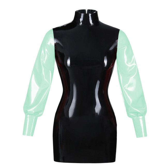 Fashionable Bubble Long Sleeve Mini Dress Back zipper color blocked tight dress Artificial leather fashion style bodycon dress