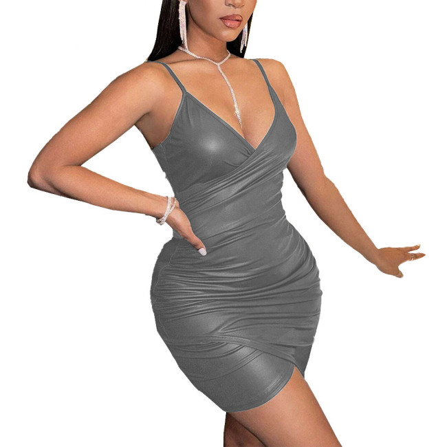 Sexy Spaghetti Strap Camisole Dress Womens Slim V-neck Package Hip Sheath Mini Dress Sleeveless Ladies Faux Leather Short Dress