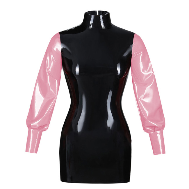Fashionable Bubble Long Sleeve Mini Dress Back zipper color blocked tight dress Artificial leather fashion style bodycon dress