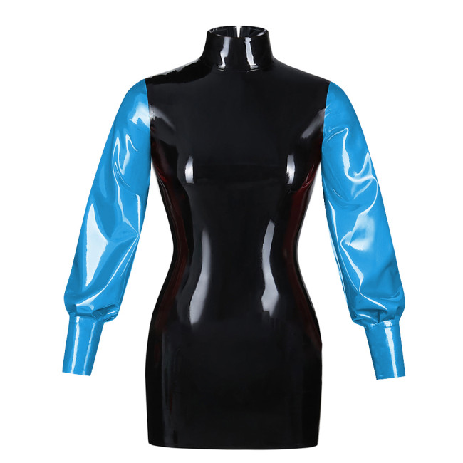 Fashionable Bubble Long Sleeve Mini Dress Back zipper color blocked tight dress Artificial leather fashion style bodycon dress