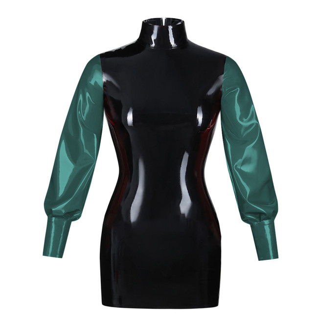 Fashionable Bubble Long Sleeve Mini Dress Back zipper color blocked tight dress Artificial leather fashion style bodycon dress