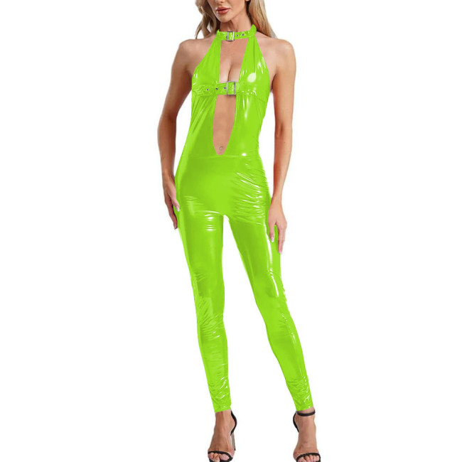 Shiny leather PVC bodysuit sexy costume women backless hanging neck sleeveless jumpsuit Fashion jumpsuit with chest buckle 7XL
