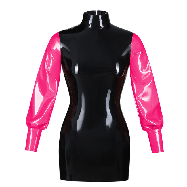 Fashionable Bubble Long Sleeve Mini Dress Back zipper color blocked tight dress Artificial leather fashion style bodycon dress